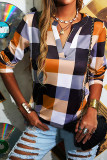 Fashion Casual Plaid Patchwork V Neck T-Shirts