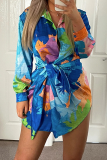 Fashion Print Patchwork Turndown Collar Waist Skirt Dresses