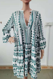 Casual Print Patchwork V Neck Cake Skirt Dresses