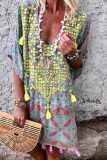 Fashion Print Patchwork V Neck Straight Dresses