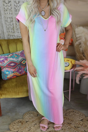 Fashion Gradual Change Patchwork V Neck Straight Dresses