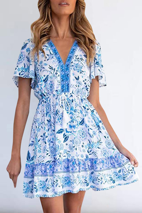 Fashion Casual Print Patchwork V Neck A Line Dresses