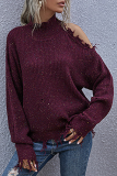 Casual Solid Ripped Turtleneck Tops Sweater