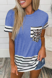 Casual Striped Leopard Patchwork Pocket O Neck T-Shirts