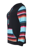 Casual Print Draw String Pocket Hooded Collar Tops