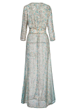 Bohemian Print Frenulum Buckle Slit V Neck Dresses