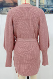 Fashion Solid With Belt O Neck Tops