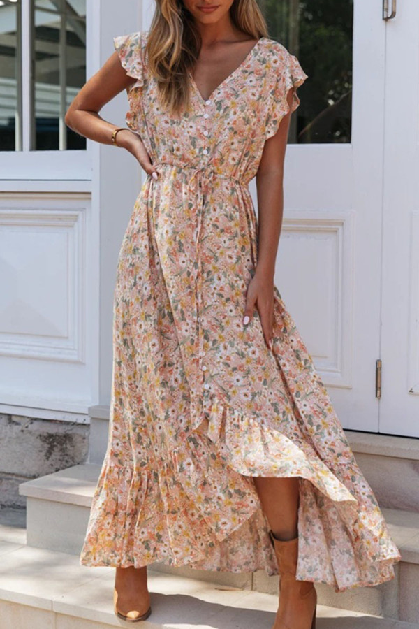 Fashion Street Print Patchwork V Neck Waist Skirt Dresses