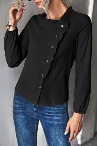 Casual Solid Patchwork Buckle Stringy Selvedge Asymmetrical Collar Tops
