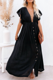 Casual Solid Patchwork V Neck Cake Skirt Dresses