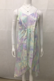 Sexy Patchwork Tie-dye Spaghetti Strap Irregular Dress Dresses