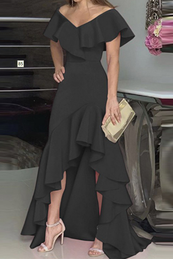 Fashion Solid Flounce V Neck Cake Skirt Dresses