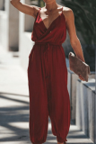 Casual Street Print Solid Draw String Backless V Neck Regular Jumpsuits