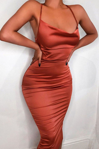 Fashion Street Solid Backless Spaghetti Strap Wrapped Skirt Dresses