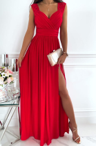 Casual Solid Slit V Neck Evening Dress Dresses