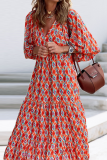 Fashion Print Patchwork V Neck Cake Skirt Dresses