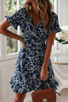Fashion Street Print Patchwork V Neck Irregular Dresses