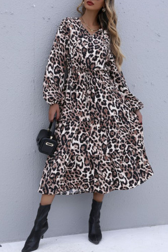 Fashion Street Leopard Patchwork V Neck A Line Dresses