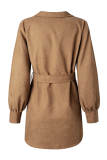 Fashion British Style Solid Pocket Buckle With Belt Turndown Collar Dresses