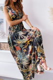Casual Print Patchwork V Neck Waist Skirt Dresses