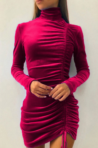 Fashion Elegant Solid Draw String Turtleneck Wrapped Skirt Dresses