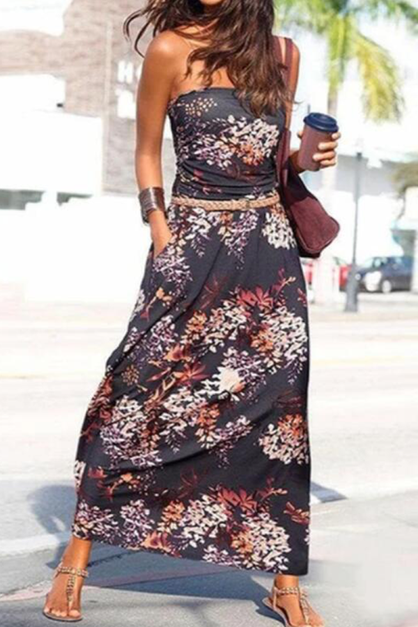 Fashion Print Patchwork Strapless Waist Skirt Dresses