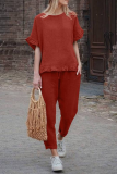 Casual Solid Flounce O Neck Short Sleeve Two Pieces