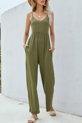 Fashion Street Solid Patchwork V Neck Loose Jumpsuits