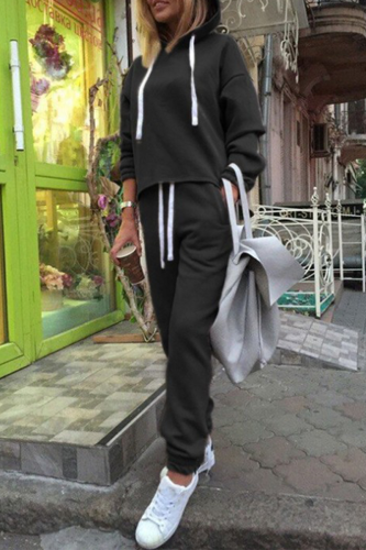 Casual Solid Patchwork Hooded Collar Long Sleeve Two Pieces