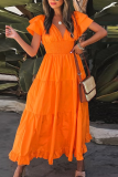 Casual Solid Flounce V Neck Waist Skirt Dresses