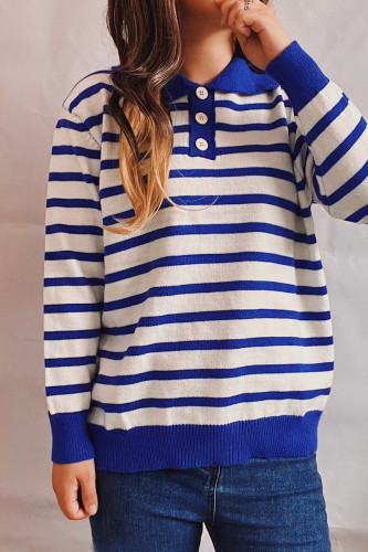 Fashion Casual Striped Buttons Turndown Collar Tops