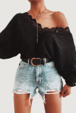 Solid Hollowed Out Patchwork V Neck Tops