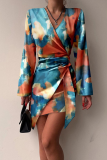 Fashion Patchwork Tie-dye V Neck Pencil Skirt Dresses