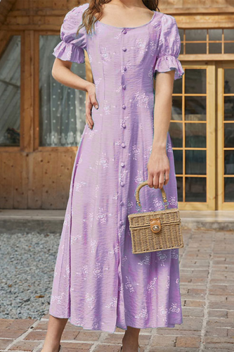 Elegant Print Buckle Flounce O Neck A Line Dresses