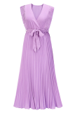 Casual Solid Patchwork V Neck Cake Skirt Dresses