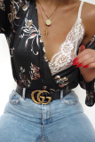 Casual Print Patchwork V Neck Tops