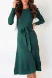 Elegant Solid With Belt O Neck Dresses Sweater