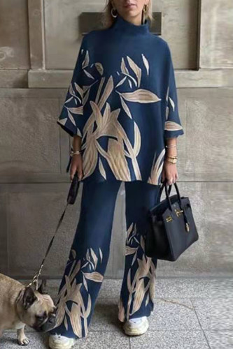 Casual Print Patchwork Turtleneck Long Sleeve Two Pieces