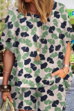Casual Print Patchwork O Neck Short Sleeve Two Pieces