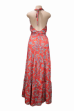 Casual Print Patchwork Halter Cake Skirt Dresses