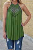 Casual Solid Lace O Neck Tops