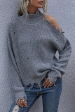 Casual Solid Ripped Turtleneck Tops Sweater