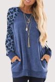 Casual Leopard Patchwork Pocket O Neck Tops
