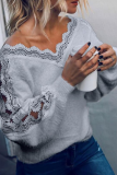 Solid Hollowed Out Patchwork V Neck Tops