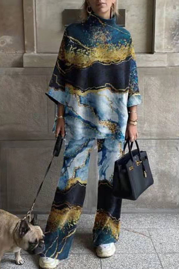 Casual Print Patchwork Turtleneck Long Sleeve Two Pieces
