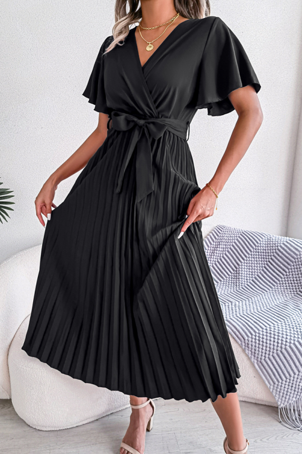Casual Solid Fold V Neck Waist Skirt Dresses