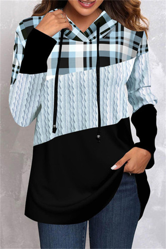Casual Plaid Print Patchwork Hooded Collar Tops