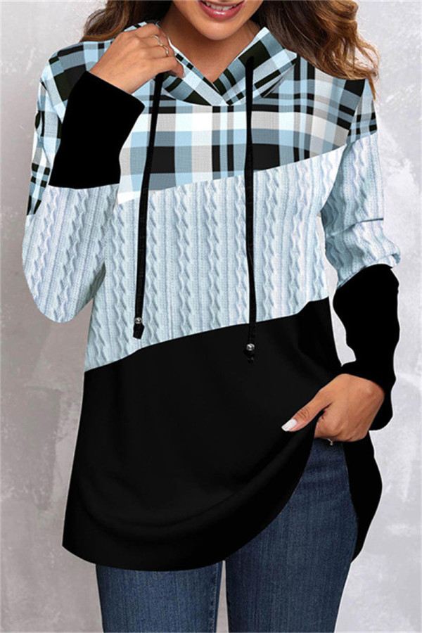 Casual Plaid Print Patchwork Hooded Collar Tops