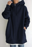 Casual Solid Draw String Pocket Zipper Hooded Collar Tops
