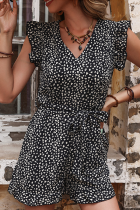 Casual Print Flounce V Neck Straight Rompers